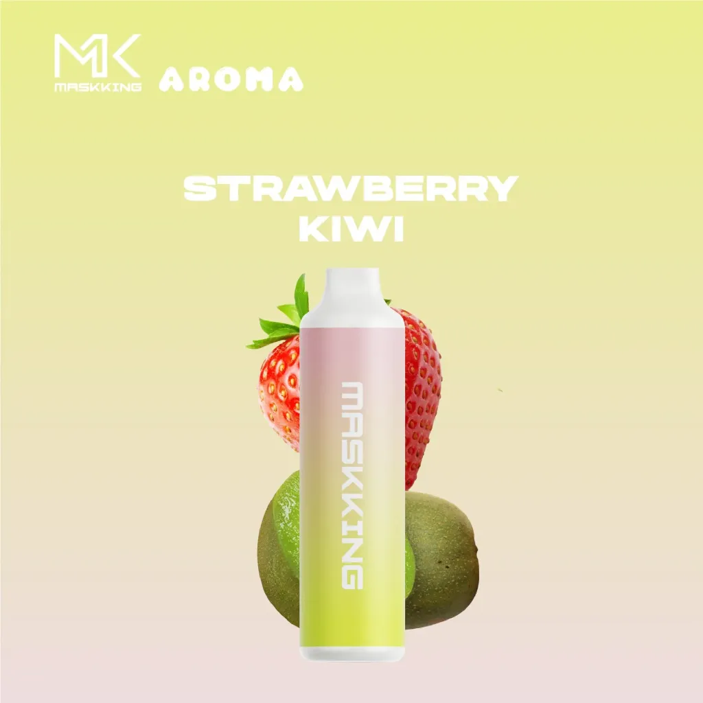[MASKKING con 6,000 puffs, 5% de nicotina. Sabor STRAWBERRY KIWI una mezcla de fresas dulces y jugosas con kiwis frescos y ácidos. Batería de 600MAH recargable con USB-C. 15 ml de intenso E-Juice. Compartir en] Maskking Strawber kiwi